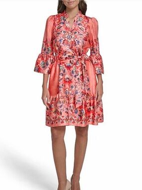 Vince Camuto Coral Floral Tie-Waist Midi Dress